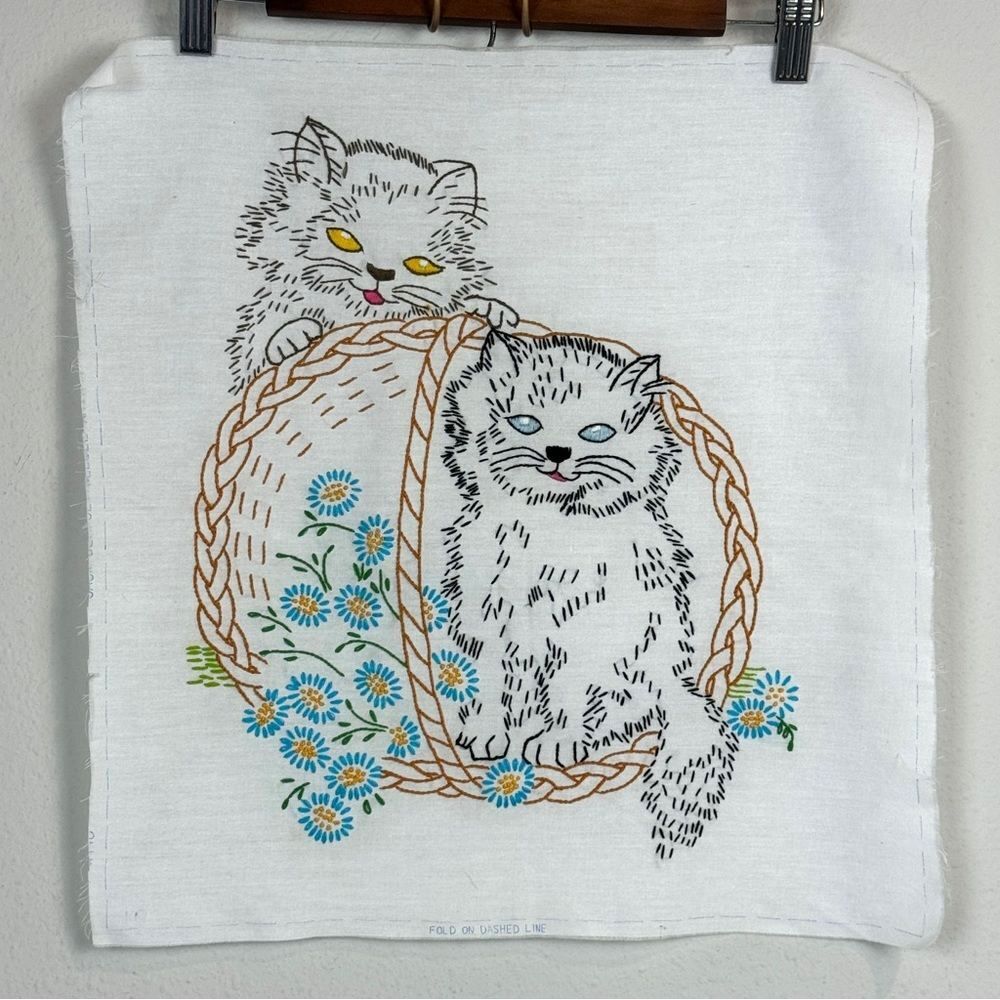 Vintage Handmade Embroidered Kittens in a Basket Textile Art Panel